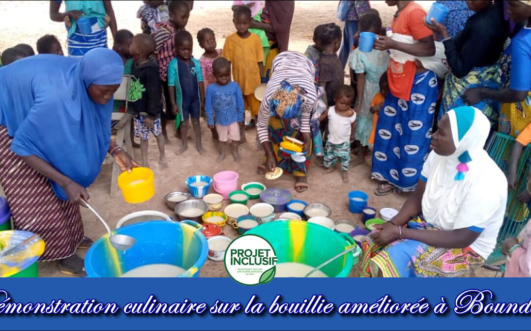 Bonne pratique : Démonstration culinaire sur la bouillie améliorée à base des produits locaux initiée par les membres de cinq groupements du village de Boundioba.
